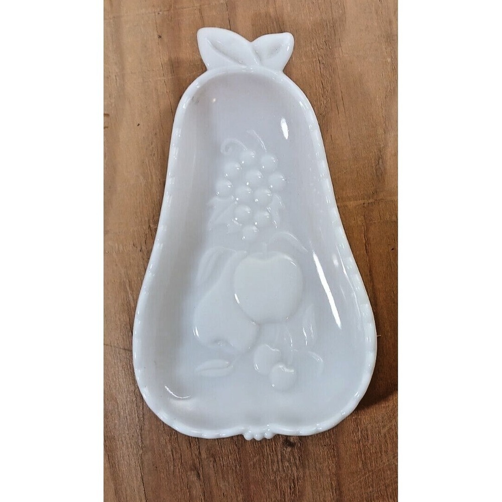 Vintage 1950's HAZEL ATLAS Pear Shaped Dish White MILK GLASS w/ Fruit Designs